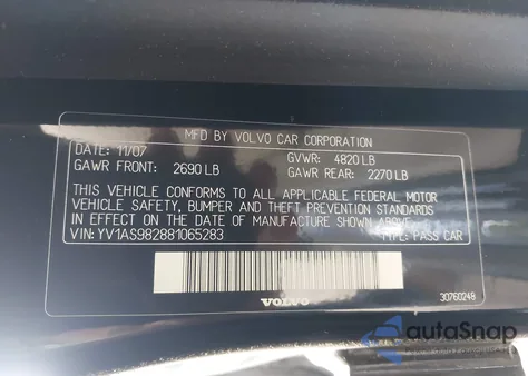 2008 Volvo S80 3.2 from USA, damaged, VIN YV1AS982881065283